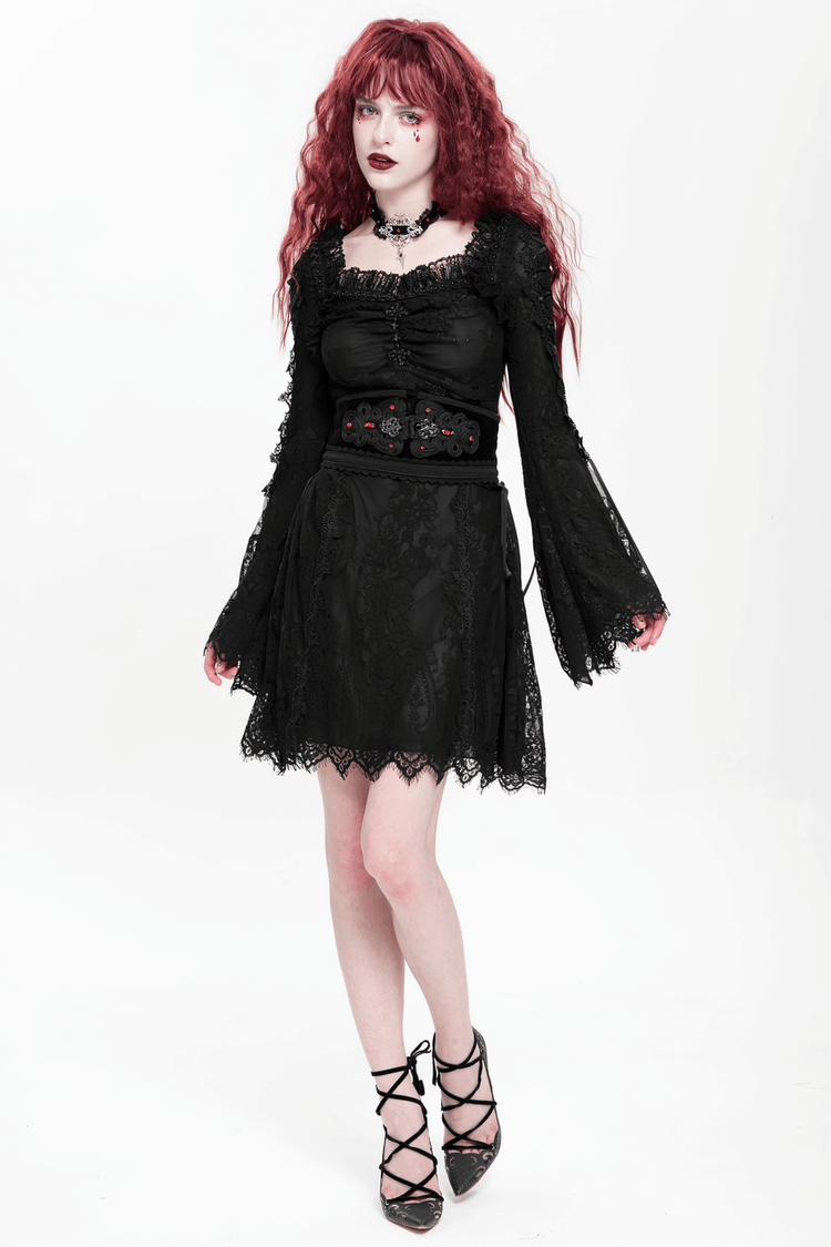 Elegant Gothic Black Lace Mini Dress with Flared Sleeves - image 19