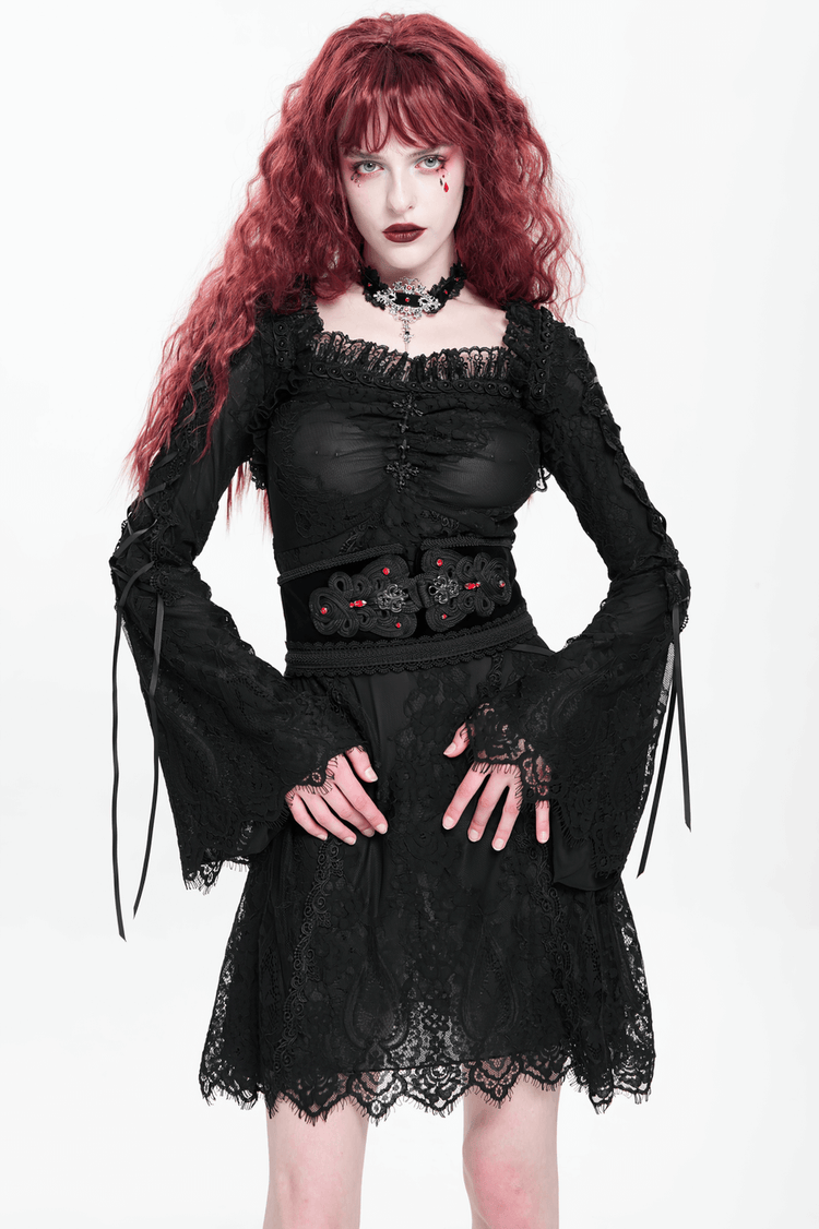 Elegant Gothic Black Lace Mini Dress with Flared Sleeves - image 15