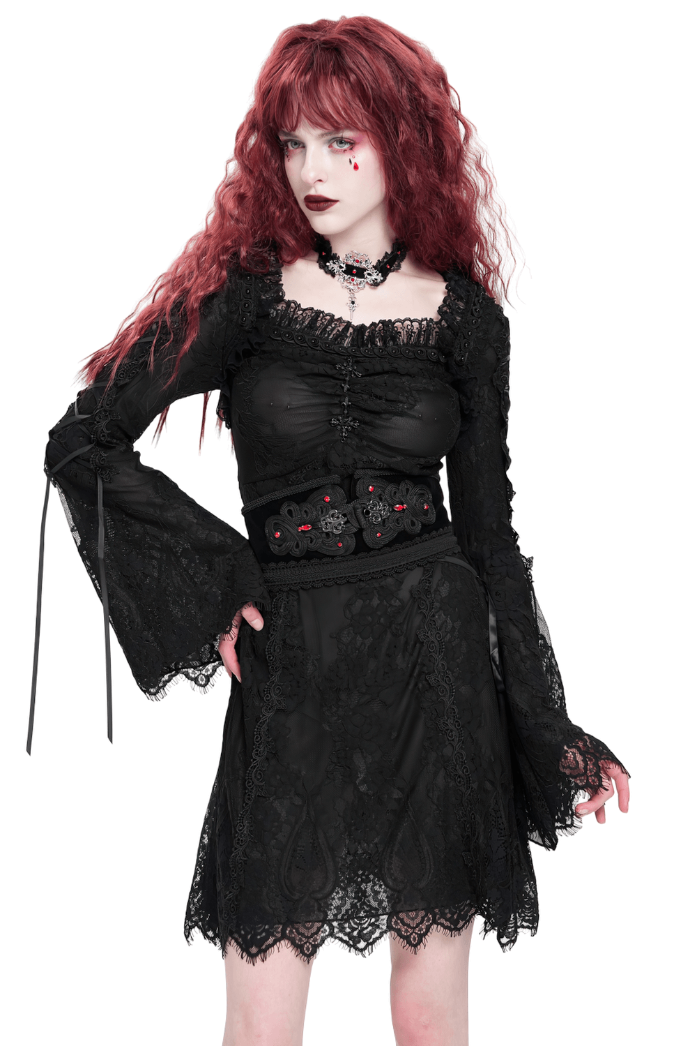 Elegant Gothic Black Lace Mini Dress with Flared Sleeves - image 1