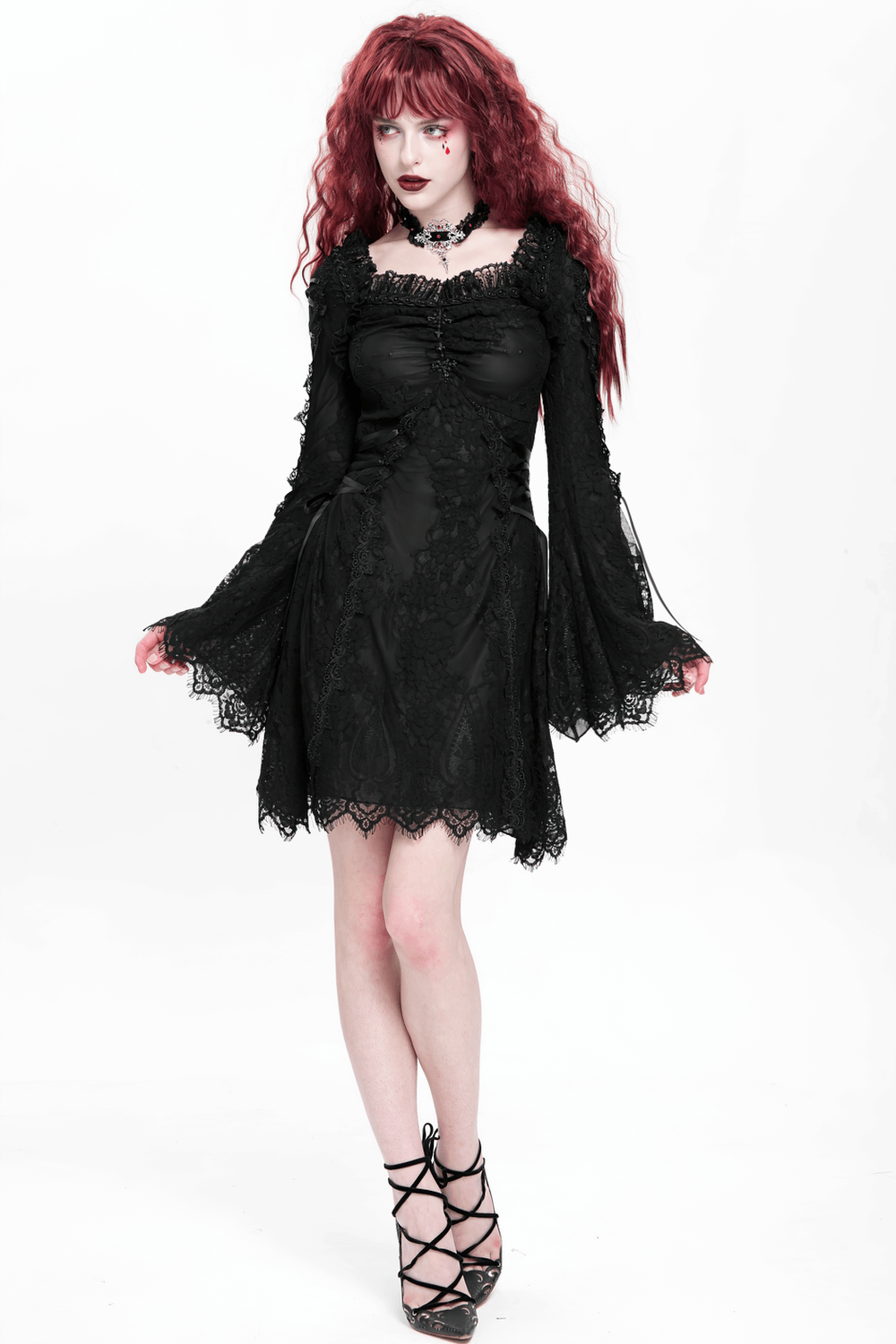 Elegant Gothic Black Lace Mini Dress with Flared Sleeves - image 21
