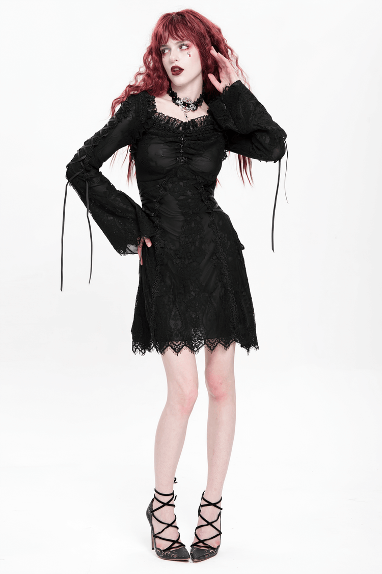 Elegant Gothic Black Lace Mini Dress with Flared Sleeves - image 22