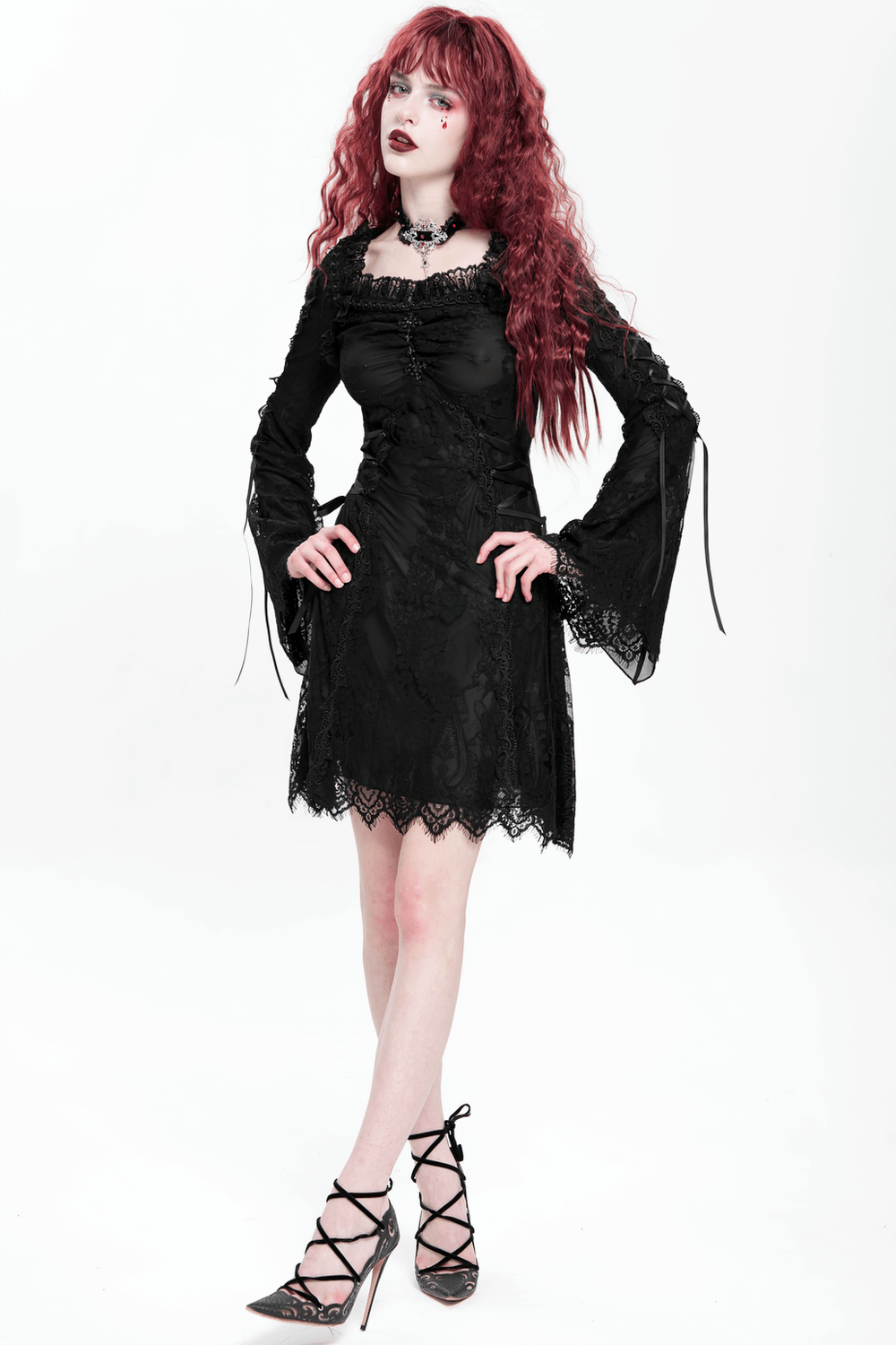 Elegant Gothic Black Lace Mini Dress with Flared Sleeves - image 18