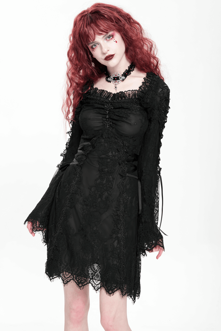 Elegant Gothic Black Lace Mini Dress with Flared Sleeves - image 16