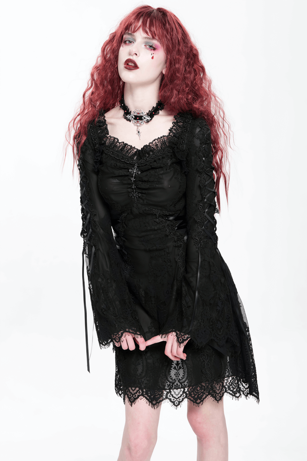 Elegant Gothic Black Lace Mini Dress with Flared Sleeves - image 17