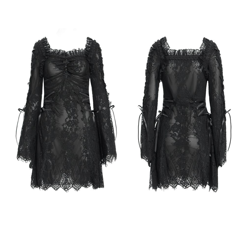 Elegant Gothic Black Lace Mini Dress with Flared Sleeves - image 3