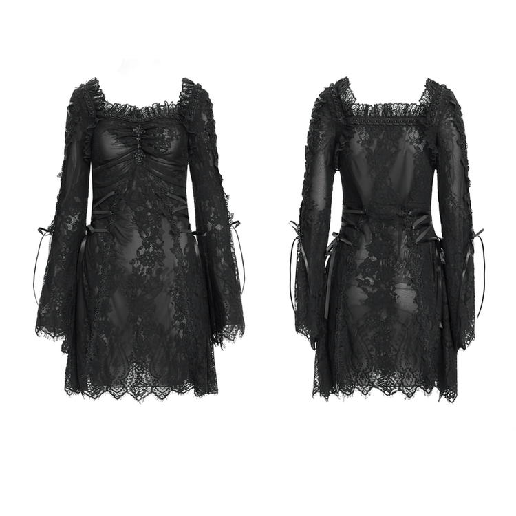 Elegant Gothic Black Lace Mini Dress with Flared Sleeves - image 3
