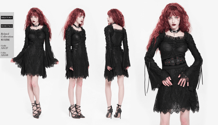 Elegant Gothic Black Lace Mini Dress with Flared Sleeves - image 24