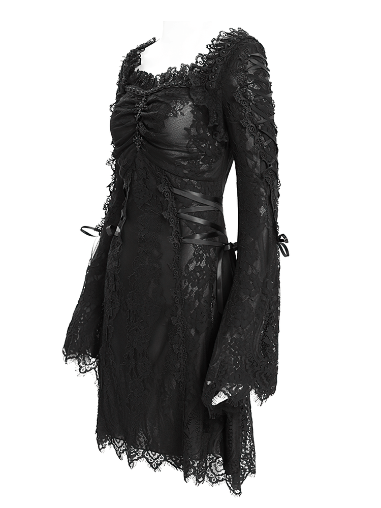 Elegant Gothic Black Lace Mini Dress with Flared Sleeves - image 5
