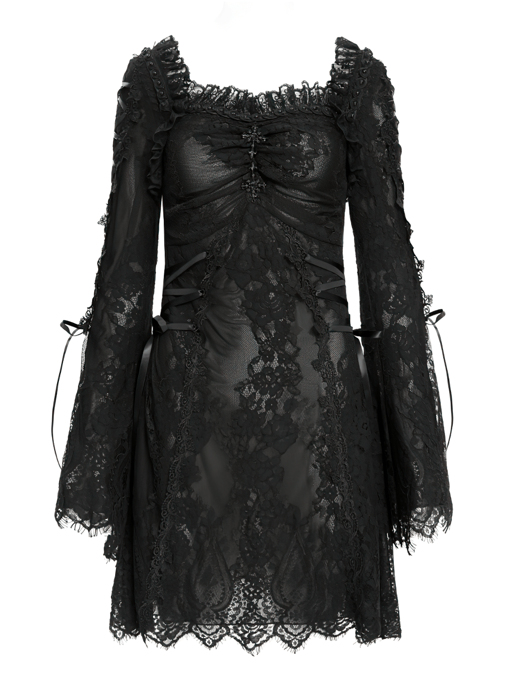 Elegant Gothic Black Lace Mini Dress with Flared Sleeves - image 4