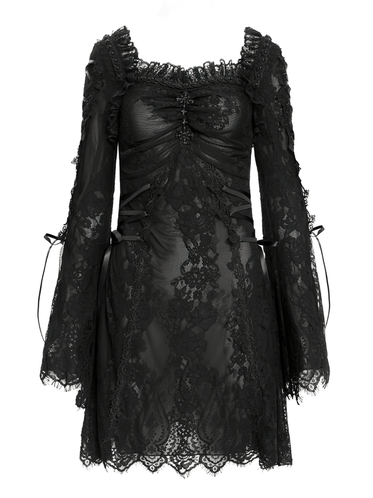 Elegant Gothic Black Lace Mini Dress with Flared Sleeves - image 4