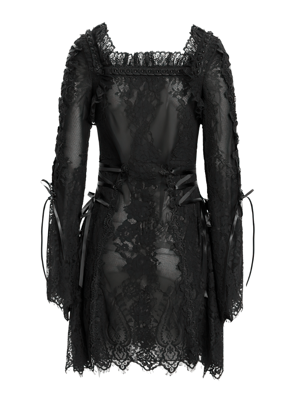 Elegant Gothic Black Lace Mini Dress with Flared Sleeves - image 6