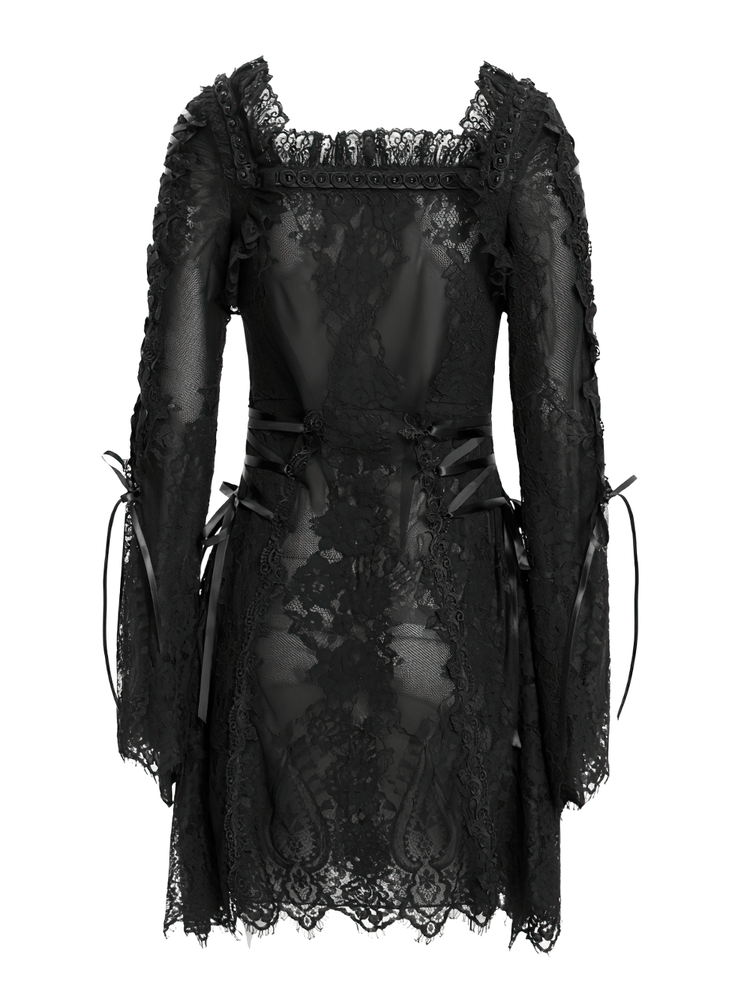 Elegant Gothic Black Lace Mini Dress with Flared Sleeves - image 6