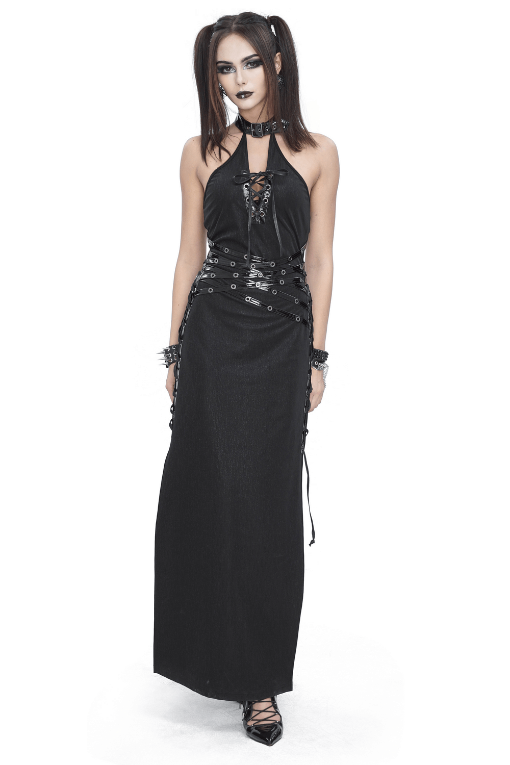 Elegant Gothic Halter Maxi Dress with Sides Slit - image 1