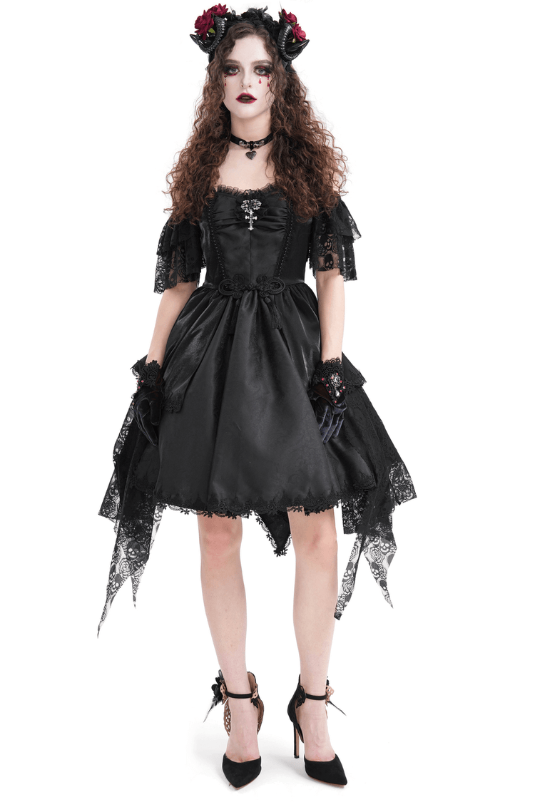 Elegant Gothic Lace Dress with Skulls and Tiered Layers - image 1