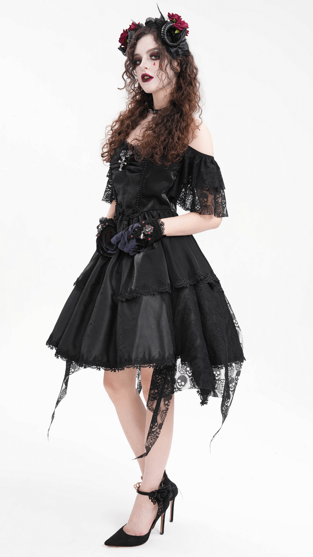 Elegant Gothic Lace Dress with Skulls and Tiered Layers - image 13