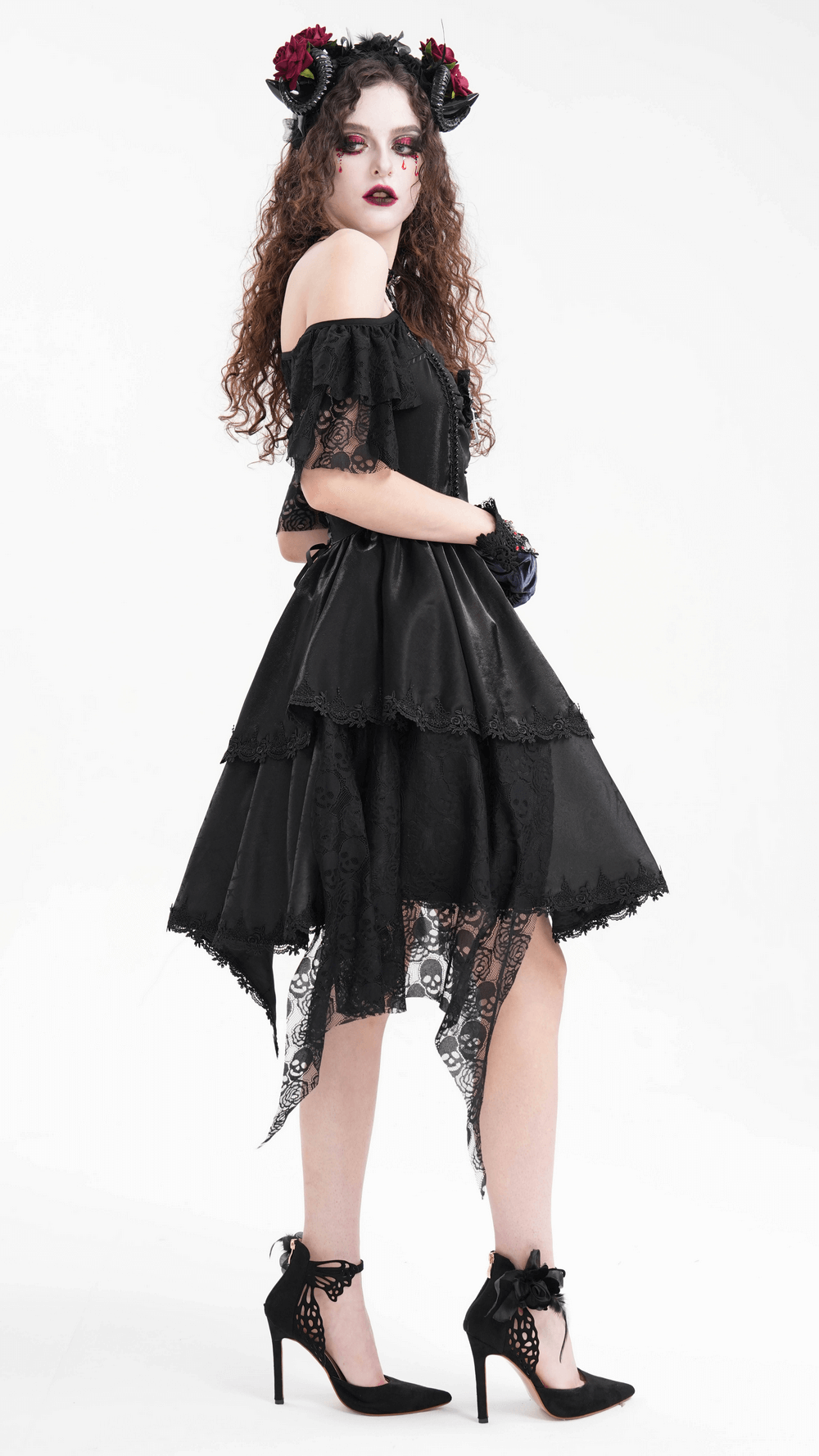 Elegant Gothic Lace Dress with Skulls and Tiered Layers - image 16