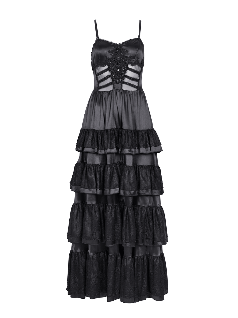 Elegant Gothic Lace Tiered Ruffle Maxi Dress with Straps - image 3