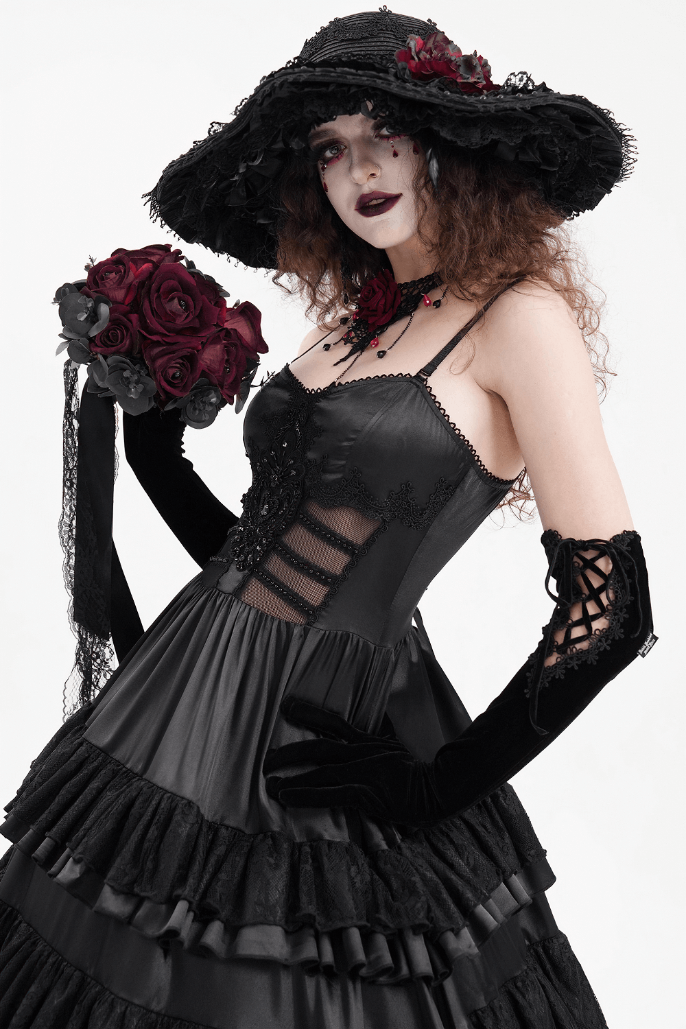 Elegant Gothic Lace Tiered Ruffle Maxi Dress with Straps - image 11