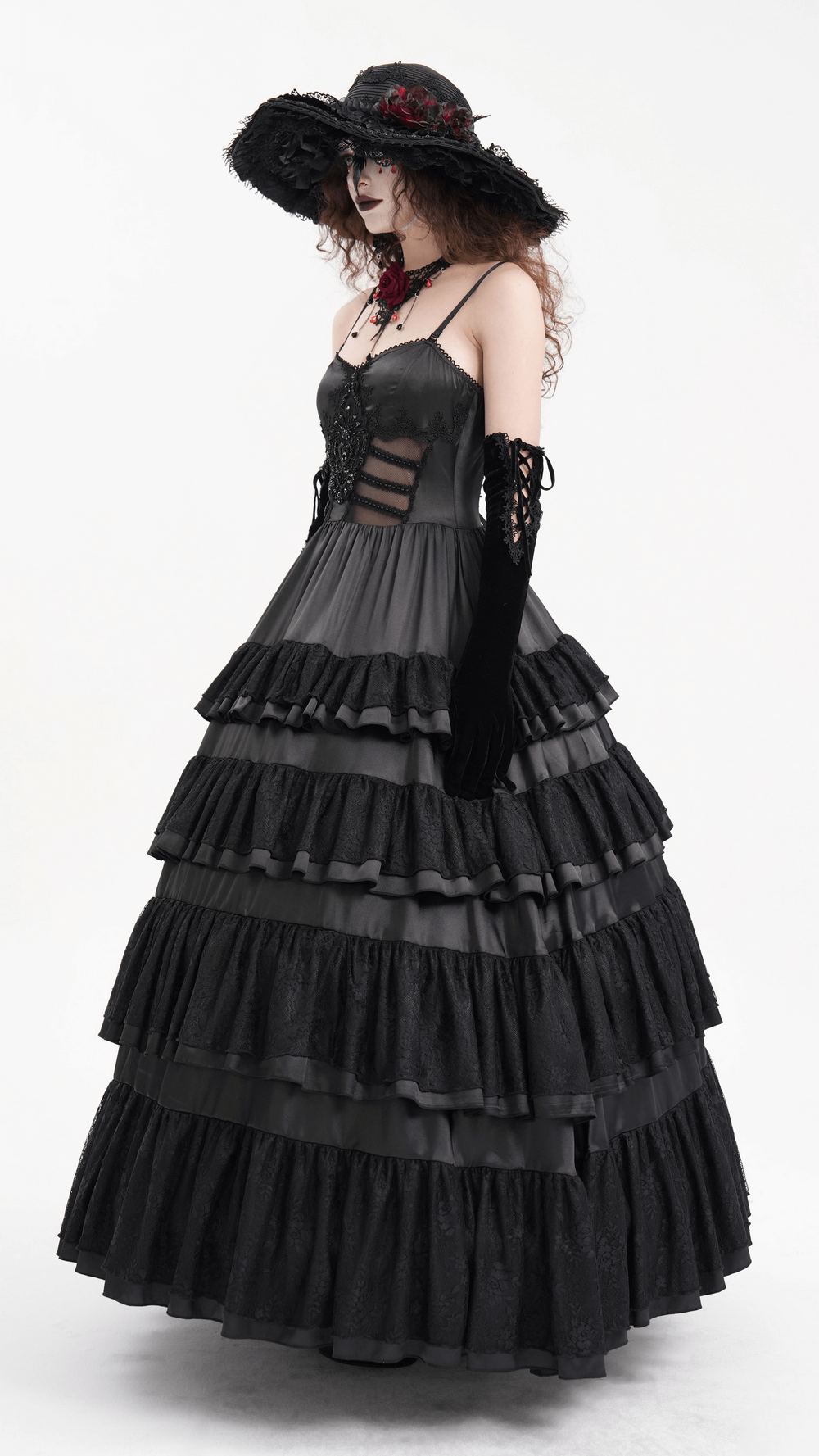 Elegant Gothic Lace Tiered Ruffle Maxi Dress with Straps - image 12