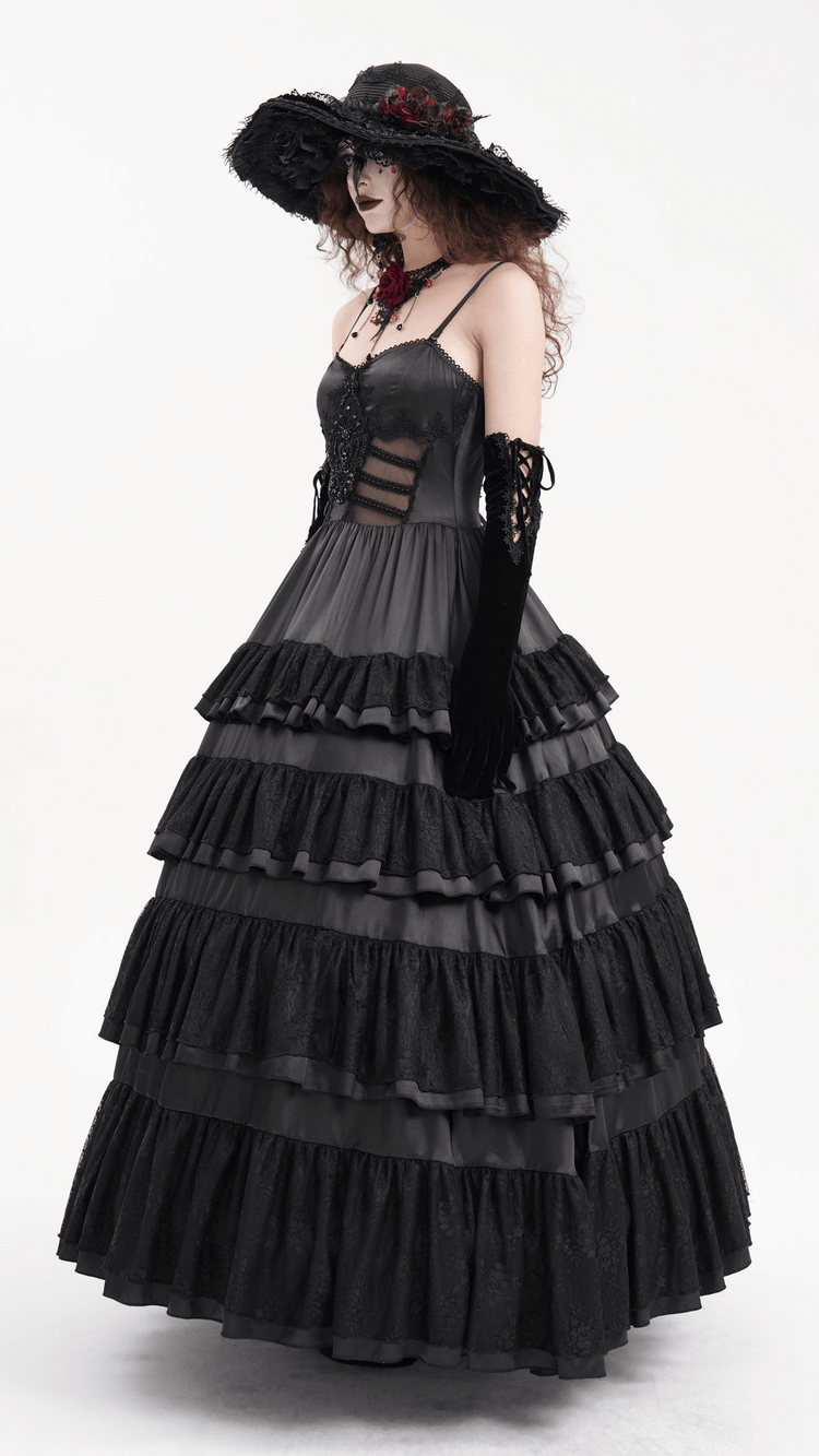 Elegant Gothic Lace Tiered Ruffle Maxi Dress with Straps - image 12