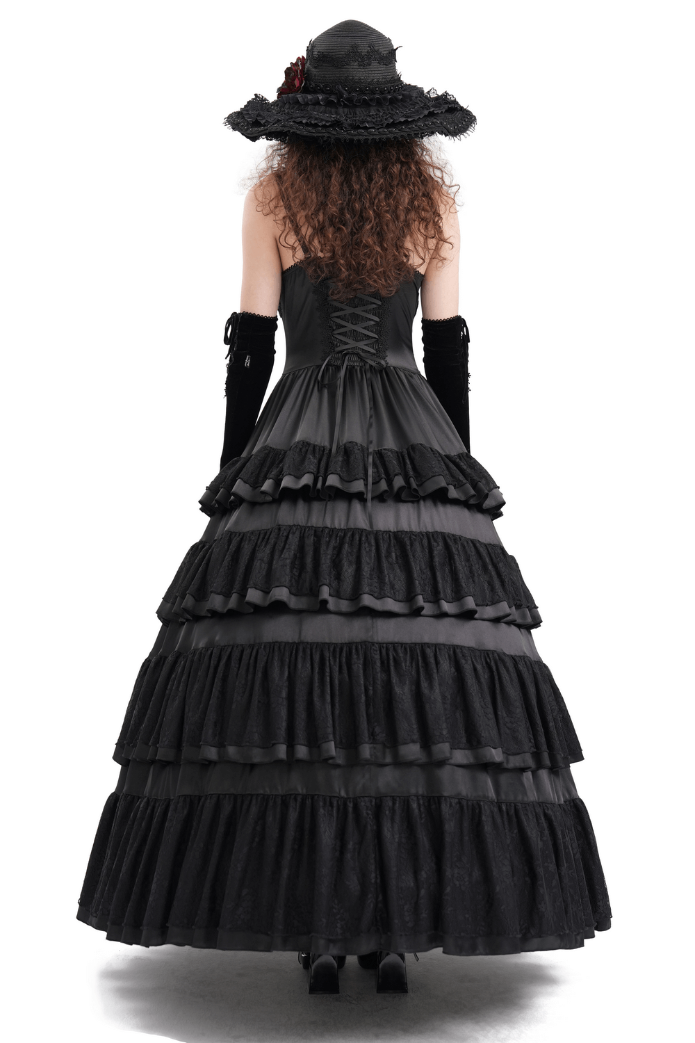 Elegant Gothic Lace Tiered Ruffle Maxi Dress with Straps - image 2