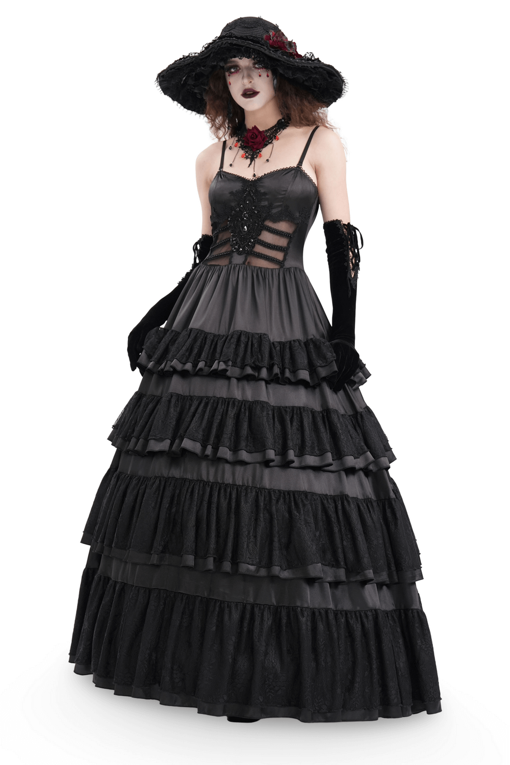 Elegant Gothic Lace Tiered Ruffle Maxi Dress with Straps - image 1