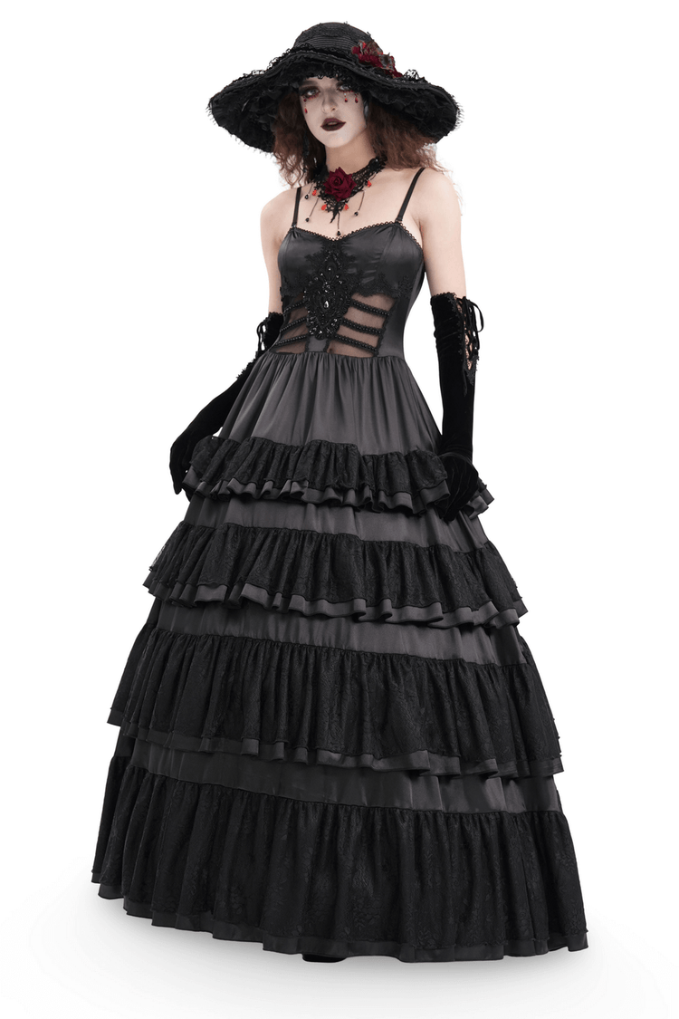 Elegant Gothic Lace Tiered Ruffle Maxi Dress with Straps - image 1