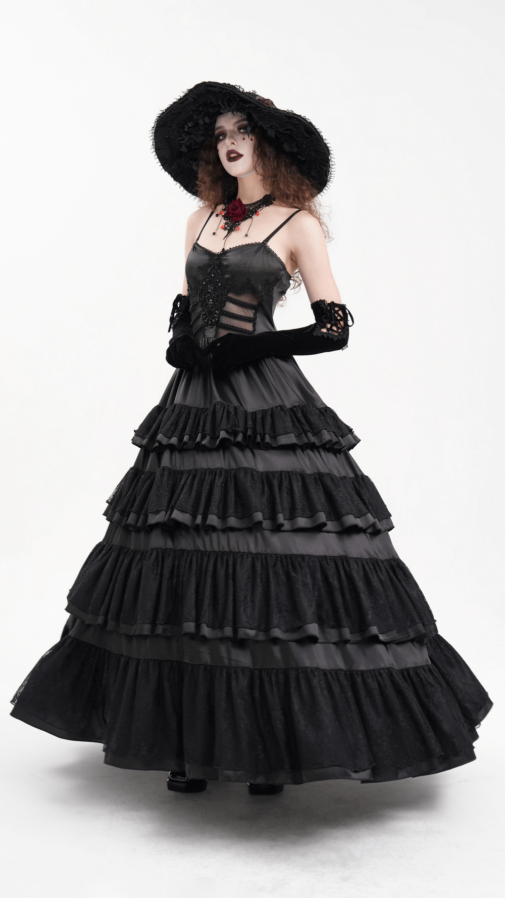 Elegant Gothic Lace Tiered Ruffle Maxi Dress with Straps - image 13