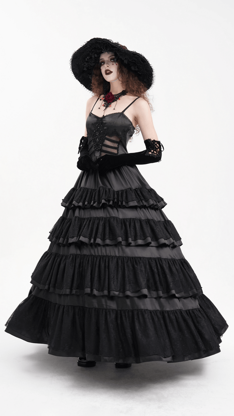 Elegant Gothic Lace Tiered Ruffle Maxi Dress with Straps - image 13