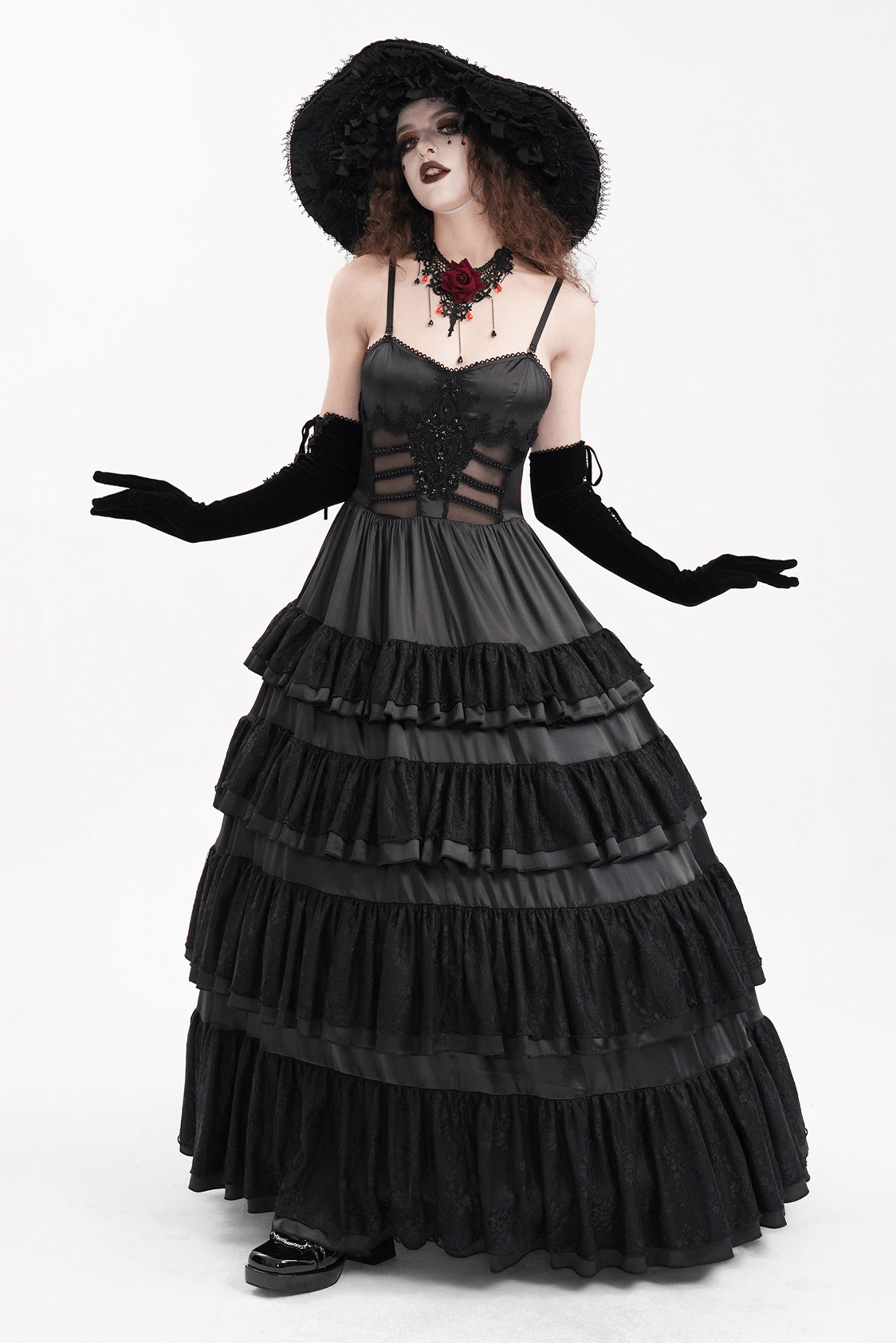 Elegant Gothic Lace Tiered Ruffle Maxi Dress with Straps - image 14