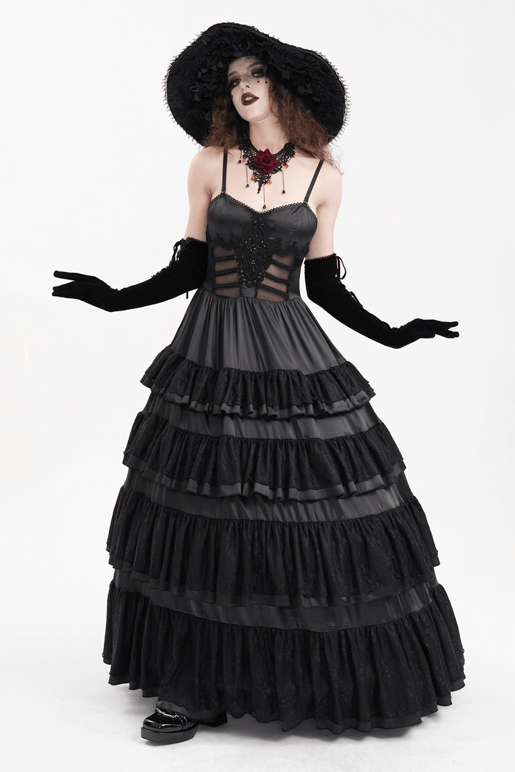 Elegant Gothic Lace Tiered Ruffle Maxi Dress with Straps - image 14