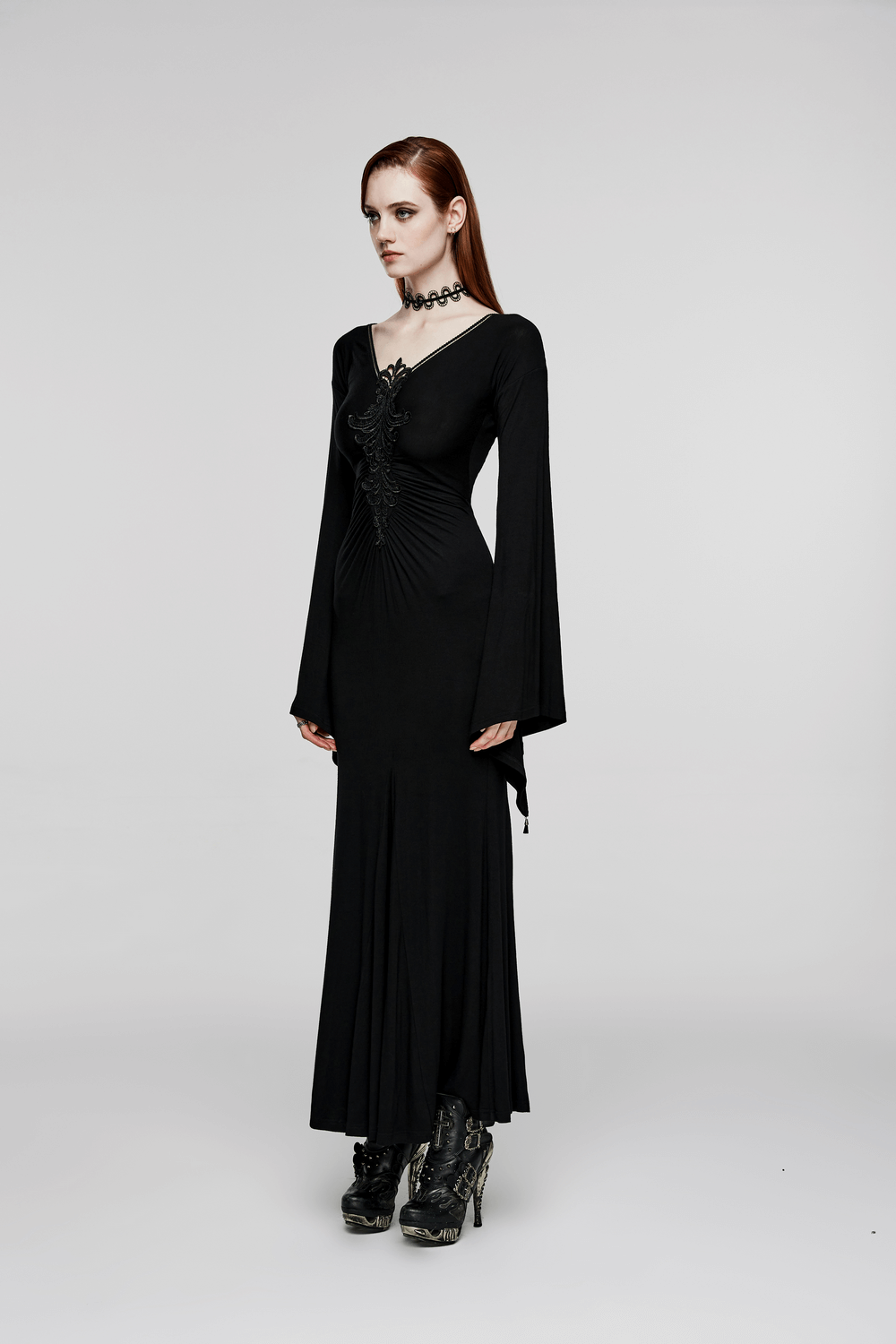 Elegant Gothic Long Flared Sleeved Dress With Concealed Zipper - image 12