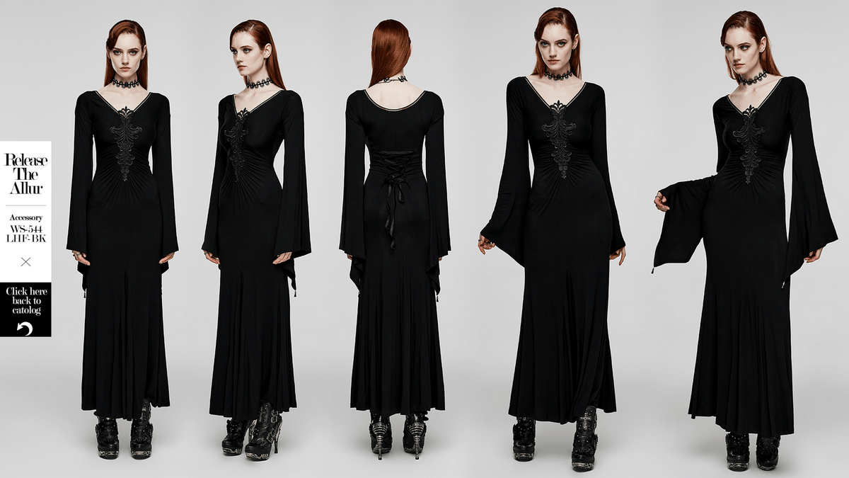 Elegant Gothic Long Flared Sleeved Dress With Concealed Zipper - image 13