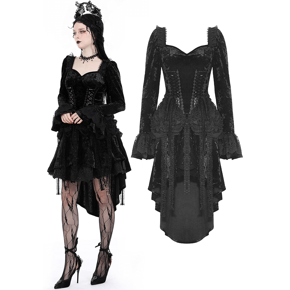 Elegant Gothic Long Sleeves Velvet Dress with Dovetail - image 3