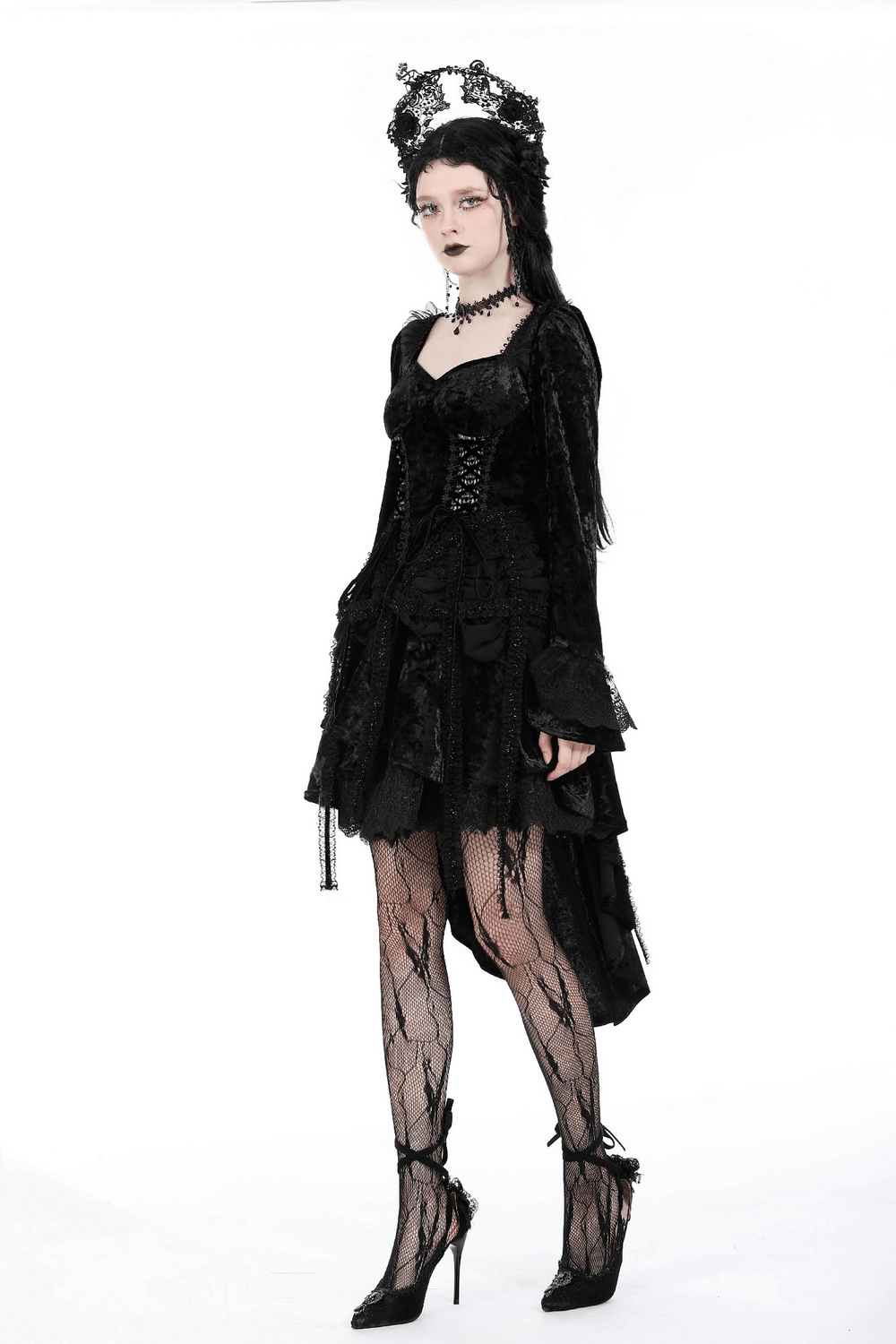 Elegant Gothic Long Sleeves Velvet Dress with Dovetail - image 15