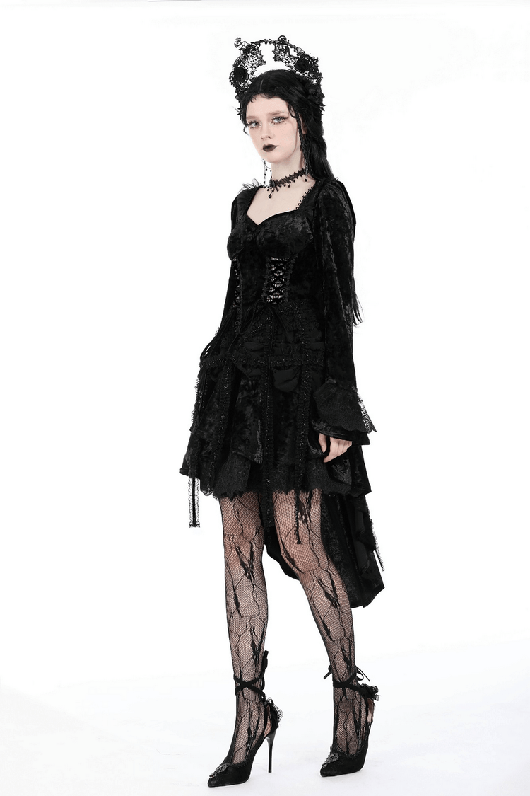 Elegant Gothic Long Sleeves Velvet Dress with Dovetail - image 15