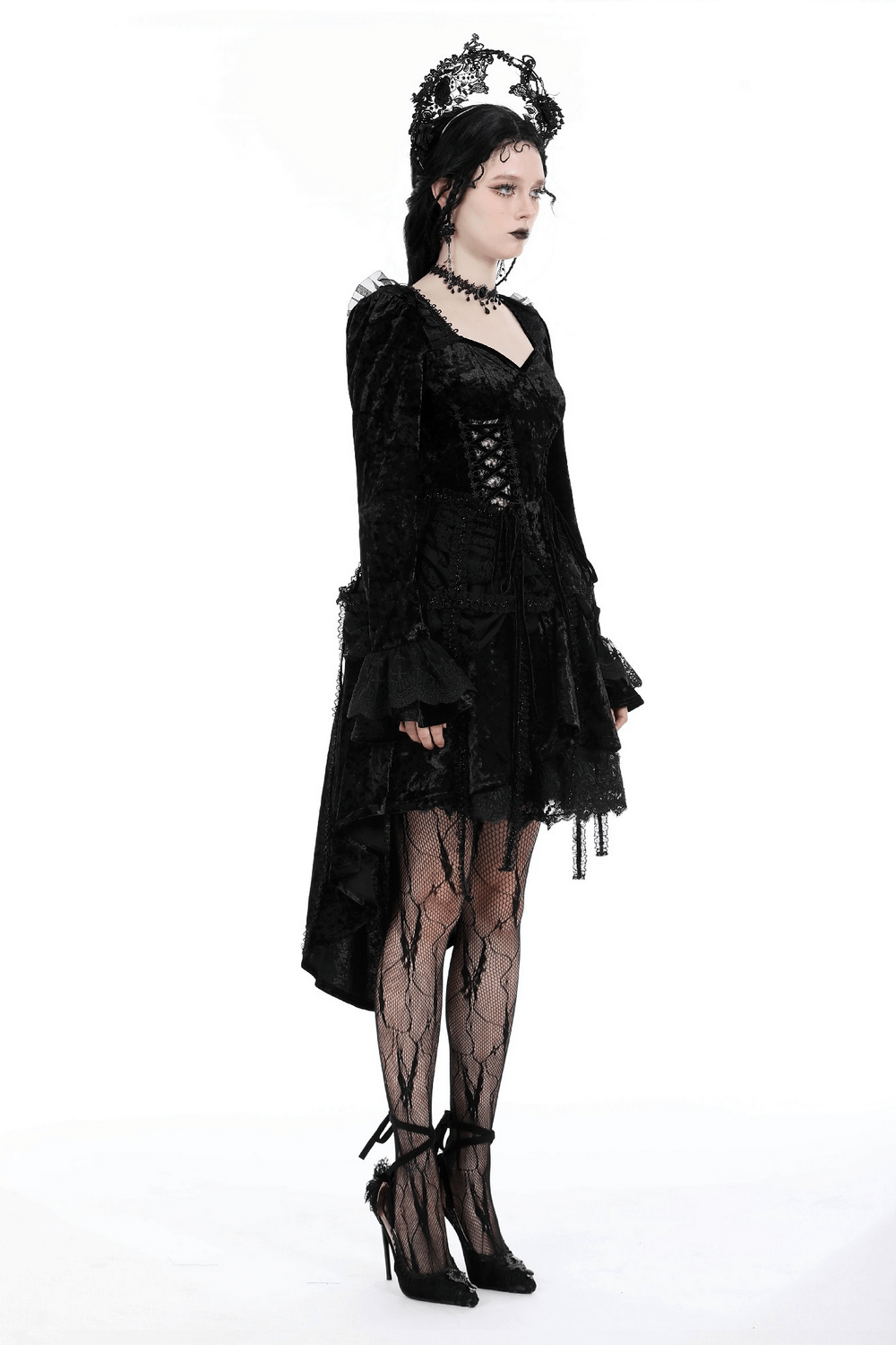 Elegant Gothic Long Sleeves Velvet Dress with Dovetail - image 14