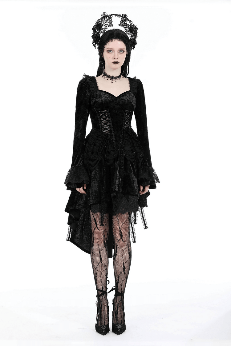 Elegant Gothic Long Sleeves Velvet Dress with Dovetail - image 12