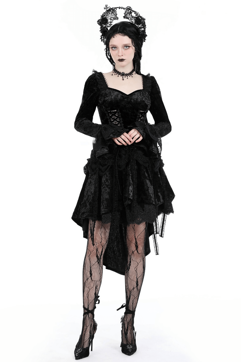 Elegant Gothic Long Sleeves Velvet Dress with Dovetail - image 1