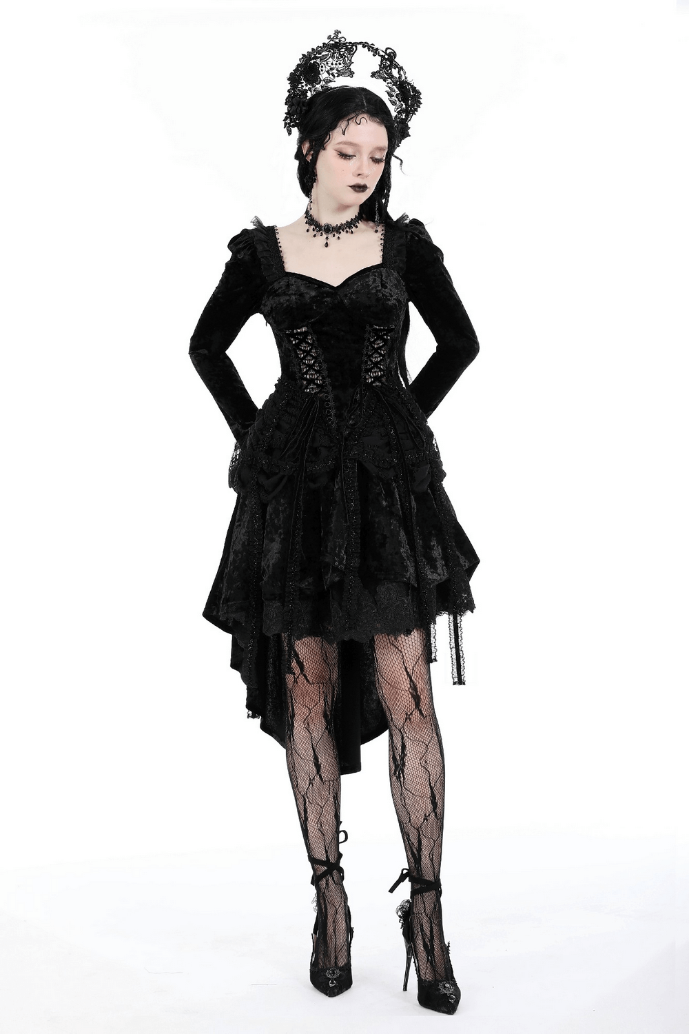 Elegant Gothic Long Sleeves Velvet Dress with Dovetail - image 13