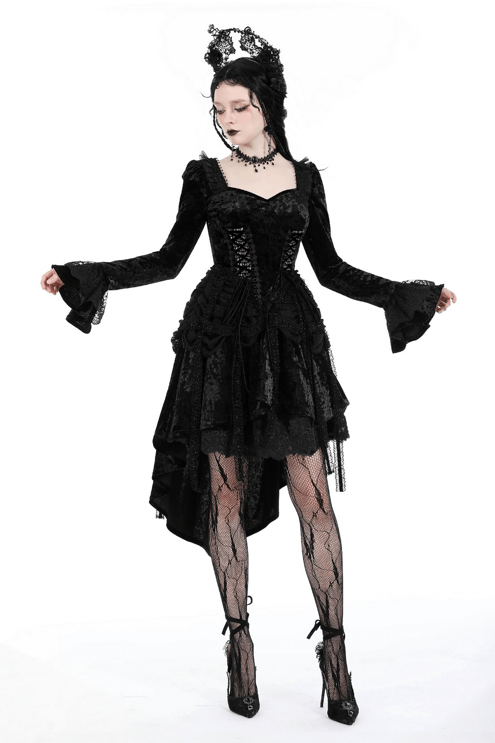 Elegant Gothic Long Sleeves Velvet Dress with Dovetail - image 16
