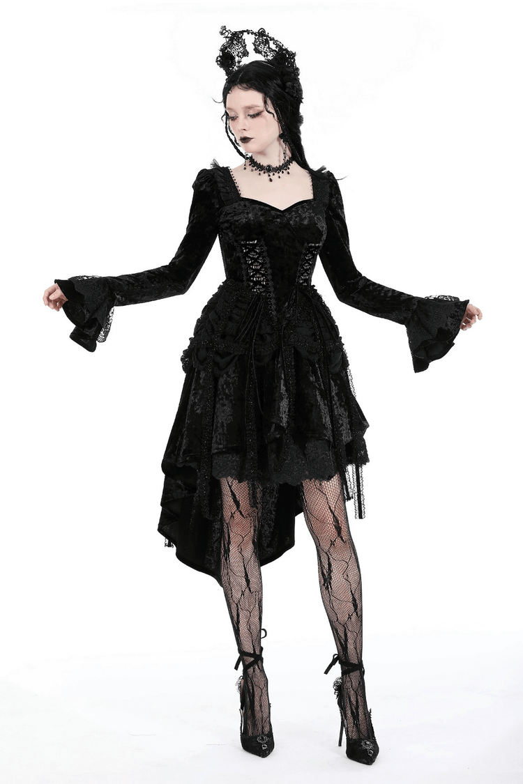 Elegant Gothic Long Sleeves Velvet Dress with Dovetail - image 16
