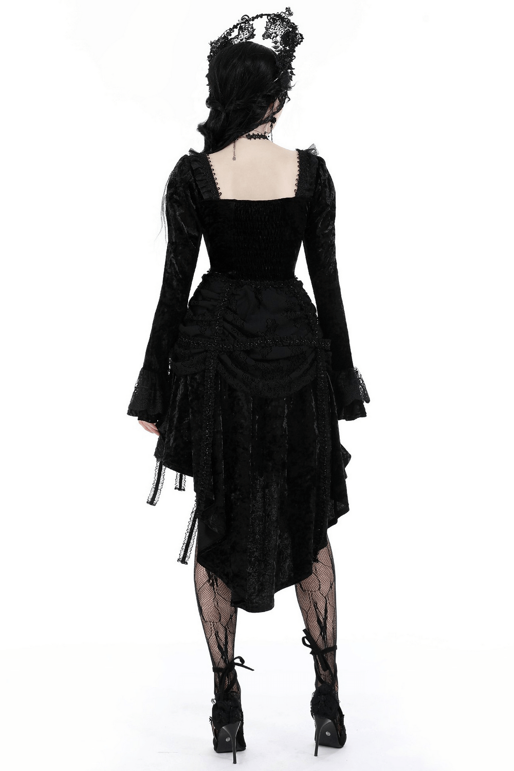 Elegant Gothic Long Sleeves Velvet Dress with Dovetail - image 2