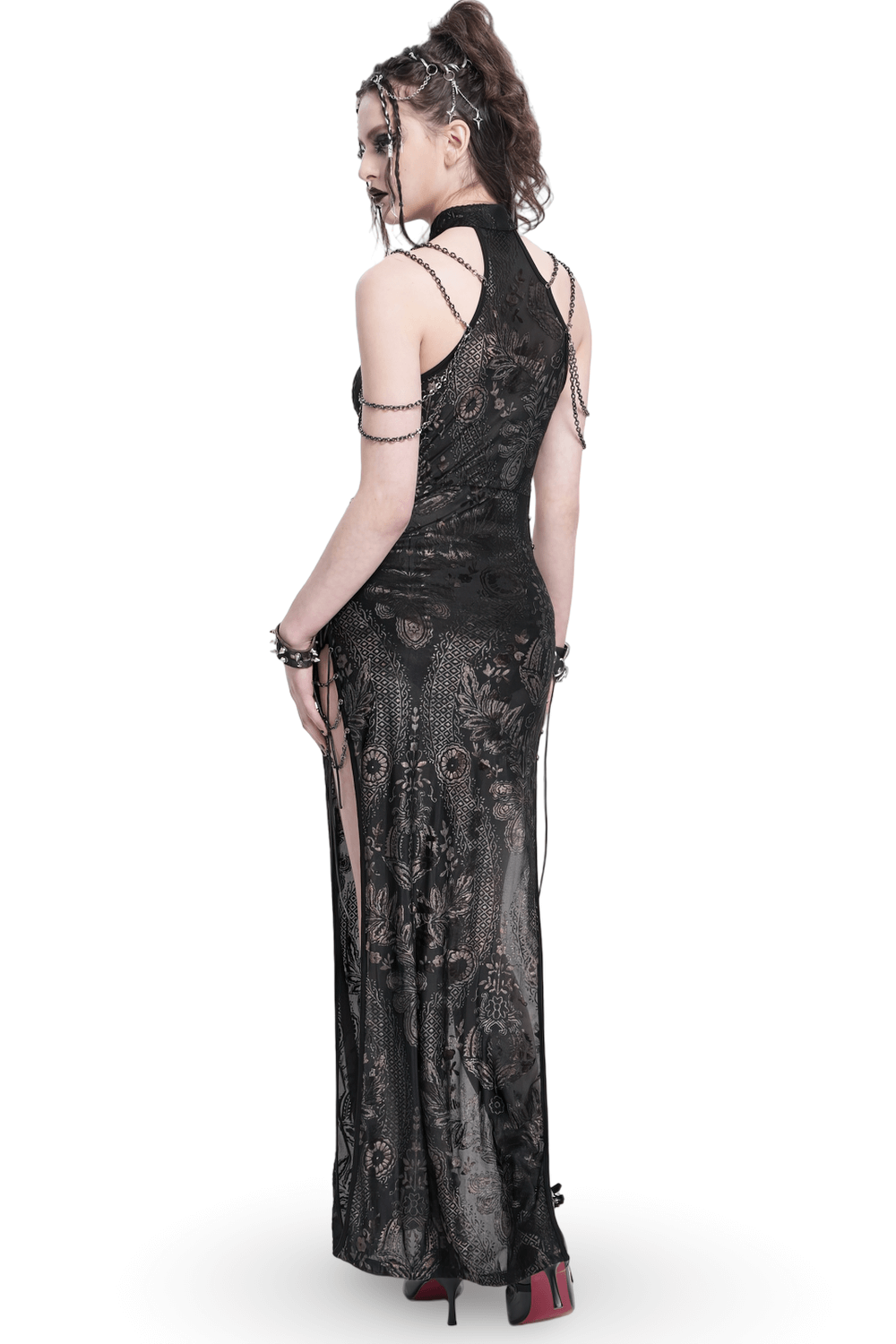 Elegant Long Gothic Lace Dress with Chain Detail - image 2