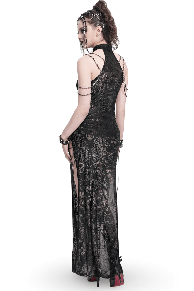 Elegant Long Gothic Lace Dress with Chain Detail - image 2