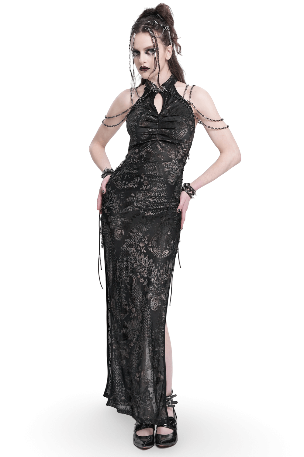 Elegant Long Gothic Lace Dress with Chain Detail - image 1