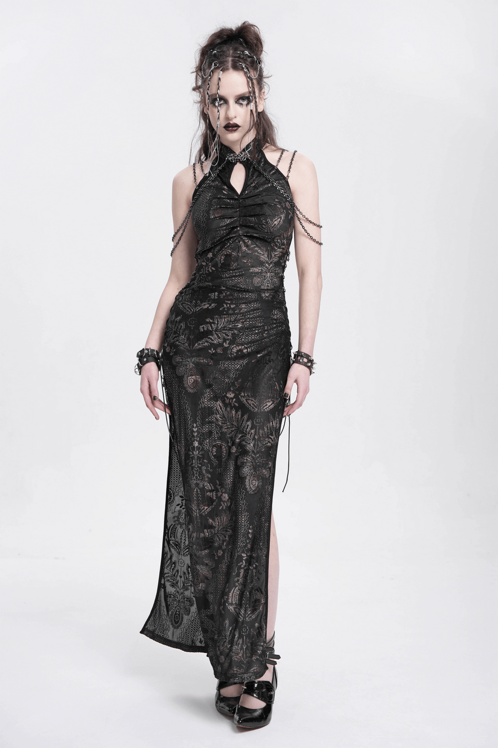 Elegant Long Gothic Lace Dress with Chain Detail - image 16