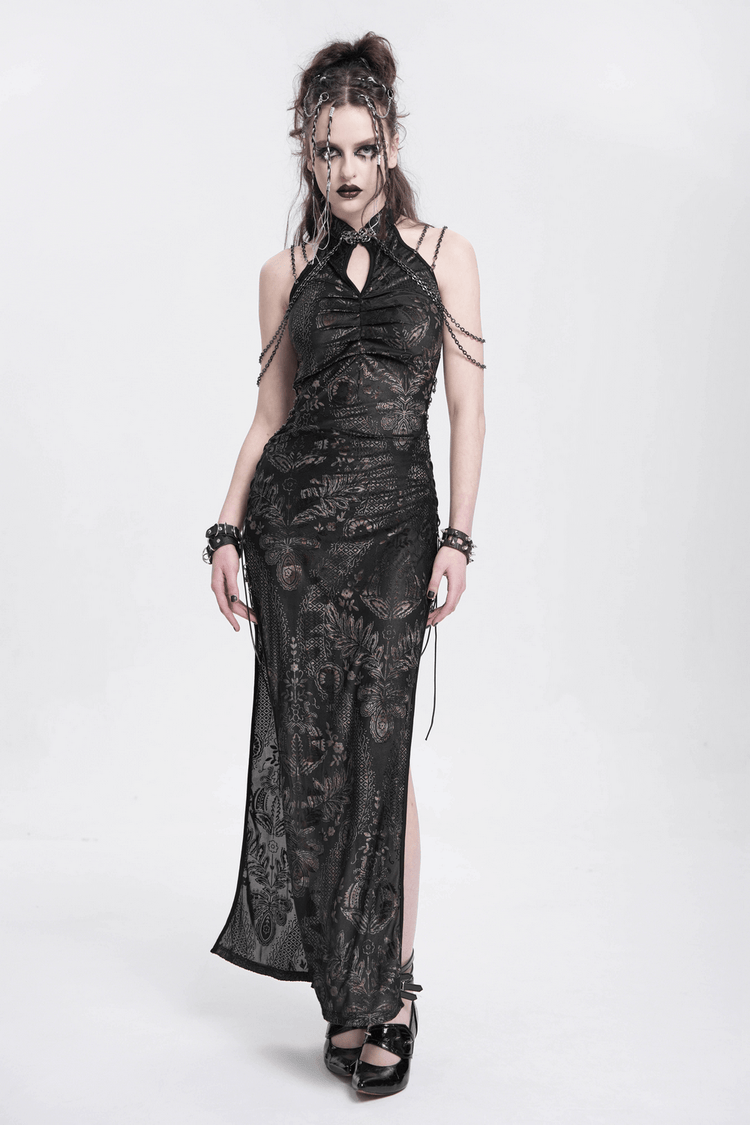 Elegant Long Gothic Lace Dress with Chain Detail - image 16