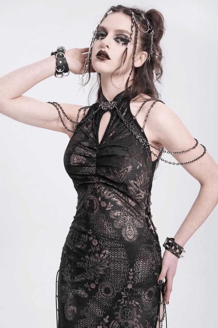 Elegant Long Gothic Lace Dress with Chain Detail - image 14
