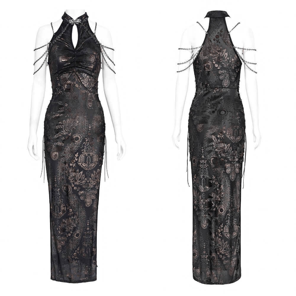 Elegant Long Gothic Lace Dress with Chain Detail - image 3